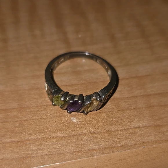 Elegant Silver Ring with Purple, Green, and Gold Stones - Picture 2 of 3